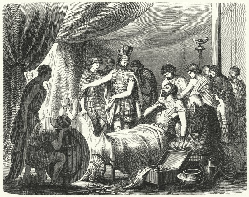 La morte di Epaminonda, 362 a.C. (incisione) da Heinrich Leutemann