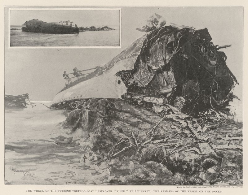 Il naufragio del cacciatorpediniere a turbina Viper ad Alderney, i resti della nave sugli scogli da Henry Charles Seppings Wright