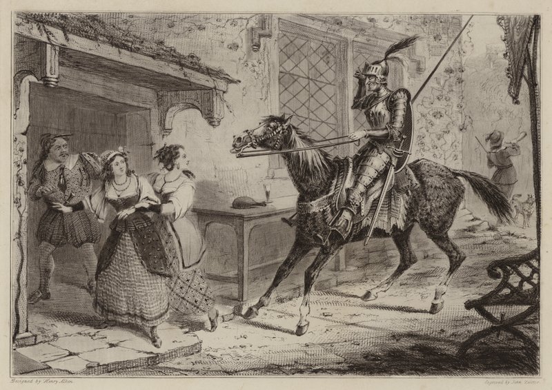 Cavaliere (Don Chisciotte) che arriva alla locanda da Henry Thomas Alken