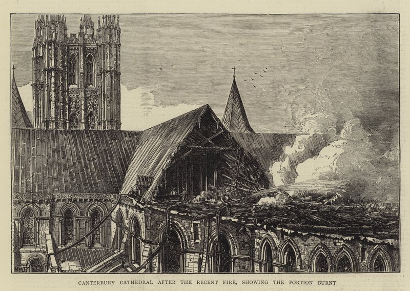 Cattedrale di Canterbury dopo il recente incendio, mostrando la parte bruciata da Henry William Brewer