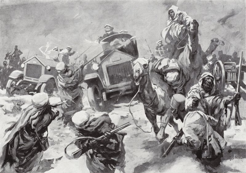 Il duca di Westminster e le sue auto blindate corrono in soccorso degli equipaggi naufragati catturati dai Senussi, Cirenaica, Nord Africa, 17 marzo 1916 da Howard K. Elcock