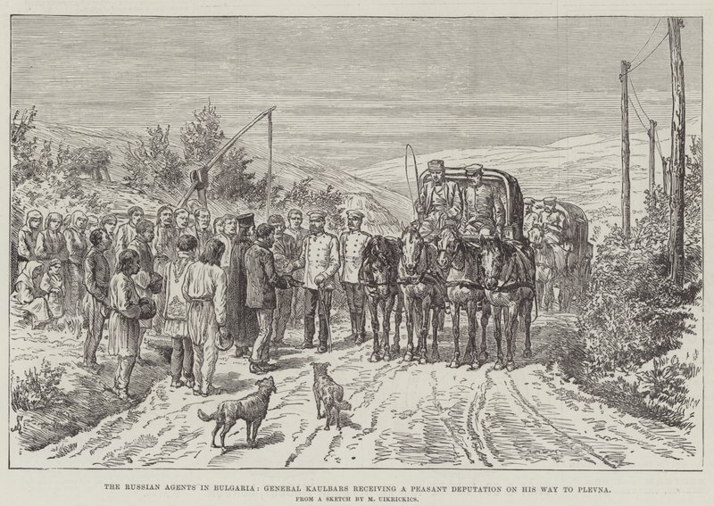 Gli agenti russi in Bulgaria, il generale Kaulbars riceve una delegazione di contadini sulla strada per Plevna da Johann Nepomuk Schonberg