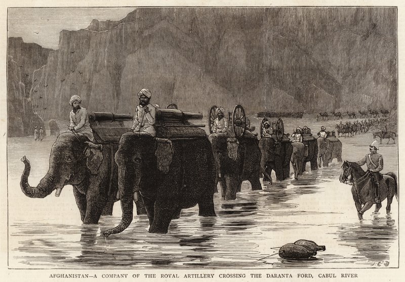 Afghanistan, una Compagnia della Reale Artiglieria che attraversa il Guado di Daranta, Fiume Cabul da John Charles Dollman