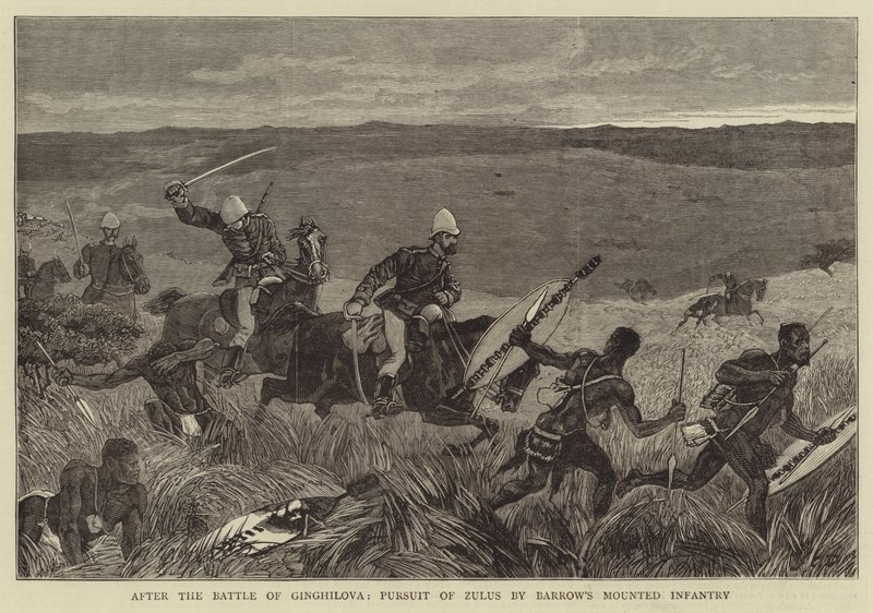 Dopo la battaglia di Ginghilova, inseguimento degli Zulu da parte della fanteria montata di Barrow da John Charles Dollman