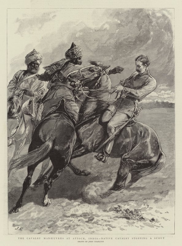 Le manovre di cavalleria ad Attock, India, cavalleria nativa che ferma uno scout da John Charlton