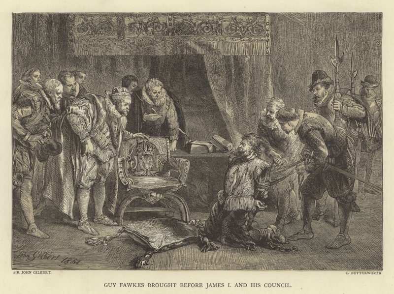 Guy Fawkes portato davanti a Giacomo I e il suo consiglio da John Gilbert