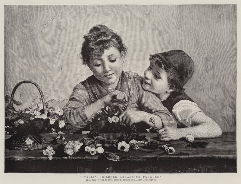 Bambini italiani che sistemano fiori da Luigi Bechi