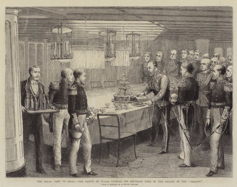 La visita reale in India, il Principe di Galles taglia la sua torta di compleanno nel salone del Serapis da Matthew White Ridley