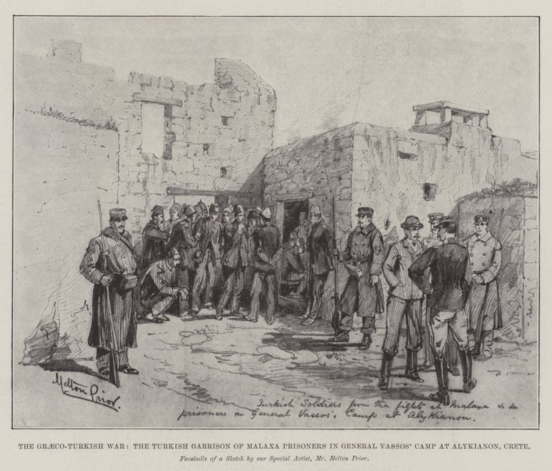 La guerra greco-turca, i prigionieri turchi della guarnigione di Malaxa nel campo del generale Vassos ad Alykianon, Creta da Melton Prior
