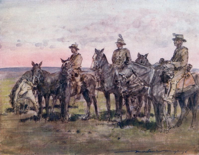 Cavalieri montati della Nuova Zelanda che agiscono come esploratori da Mortimer Ludington Menpes