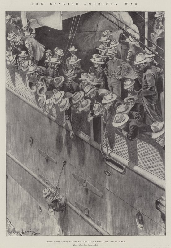 La guerra ispano-americana, truppe statunitensi che lasciano la California per Manila, gli ultimi a bordo da Ralph Cleaver