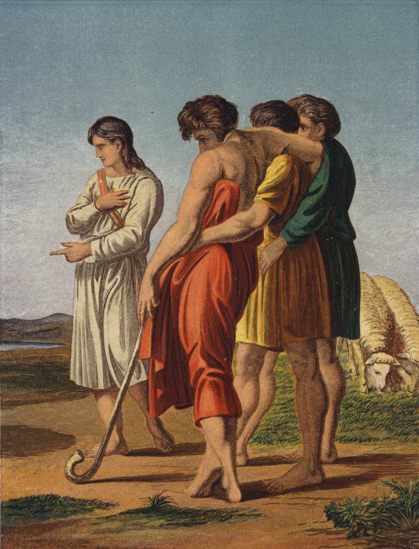 Giuseppe che racconta i suoi sogni ai suoi fratelli da after Raphael