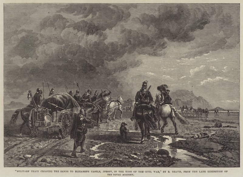 Treno militare che attraversa le sabbie verso il Castello di Elizabeth, Jersey, al tempo della guerra civile da Richard Beavis