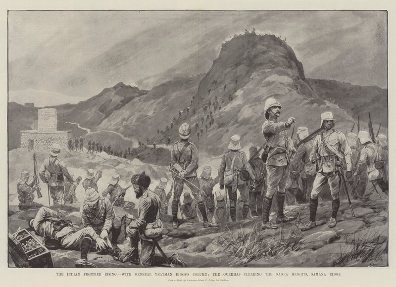 La rivolta della frontiera indiana, con la colonna del generale Yeatman Biggs, i Gurkha che liberano le alture di Gagra, Samana Ridge da Richard Caton Woodville junior