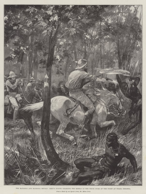 La rivolta dei Matabili e Mashona, gli scout di Grey che caricano i ribelli nella fitta boscaglia durante la battaglia di Thaba Imbamba da Richard Caton Woodville junior