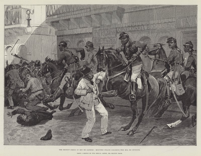 La recente crisi a Rio de Janeiro, polizia a cavallo che sgombera la Rua do Ouvidor da Richard Caton Woodville junior