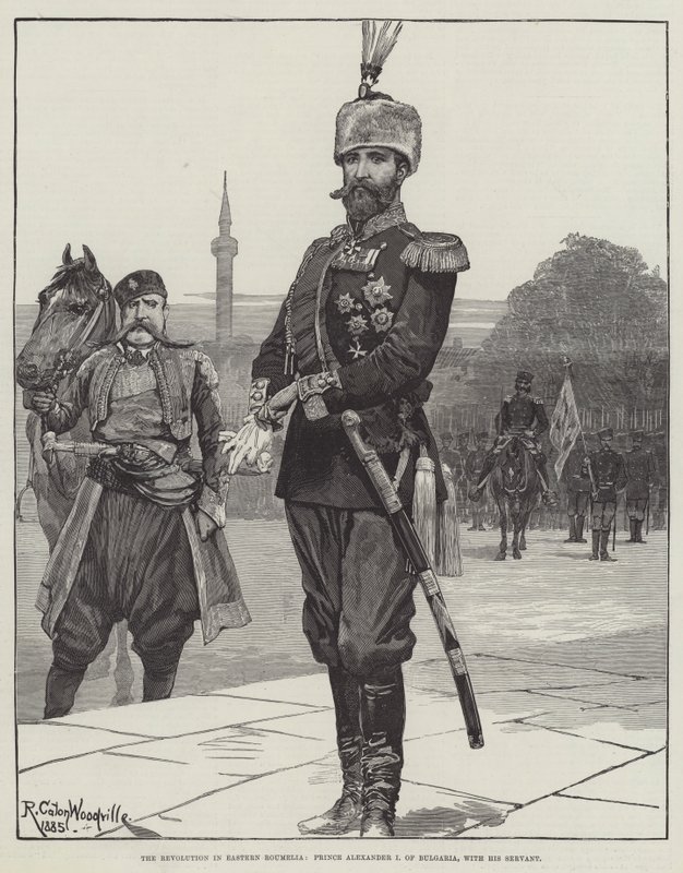 La rivoluzione in Rumelia orientale, il principe Alessandro I di Bulgaria, con il suo servitore da Richard Caton Woodville junior