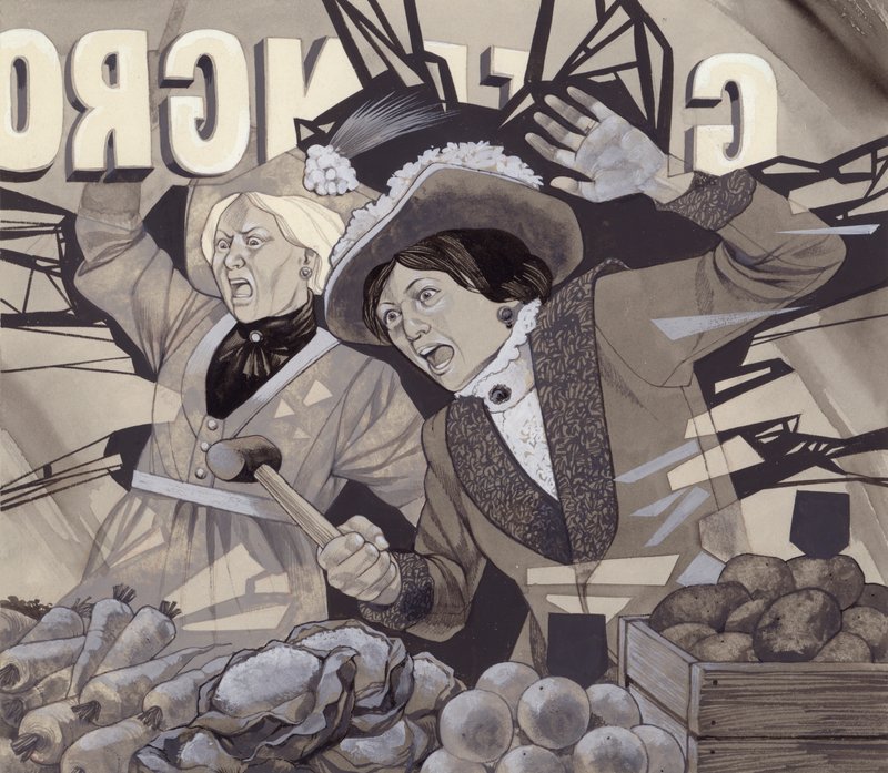 Suffragette che rompono le finestre (gouache su carta) da Richard Hook