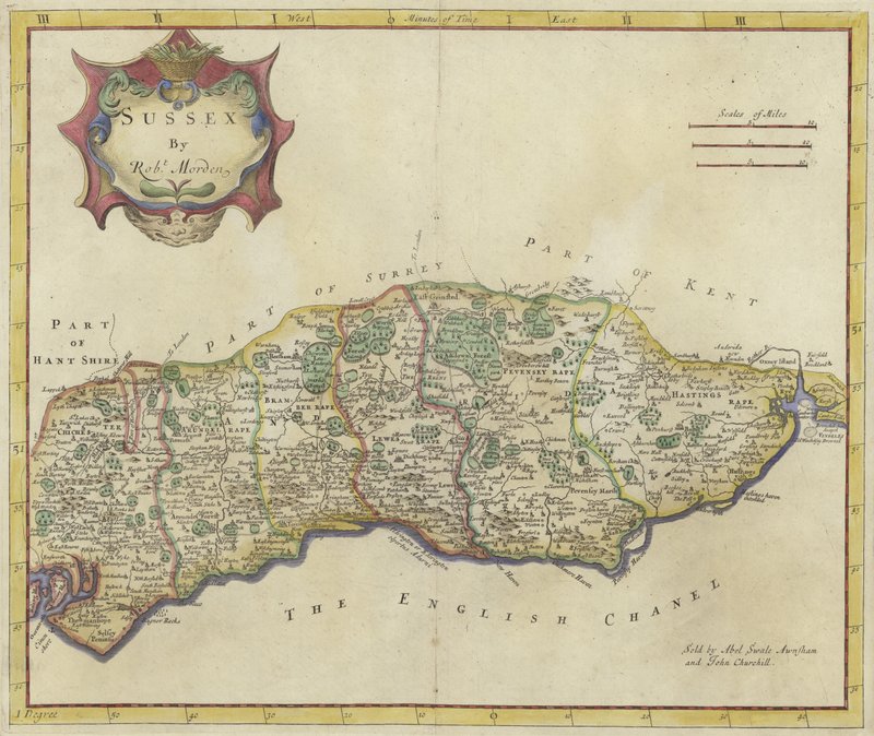 Mappa del Sussex (incisione a colori) da Robert Morden