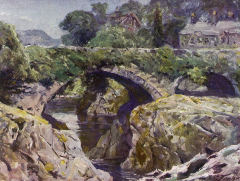 Il vecchio ponte, Bettws-y-Coed (litografia colorata) da Robert (after) Fowler
