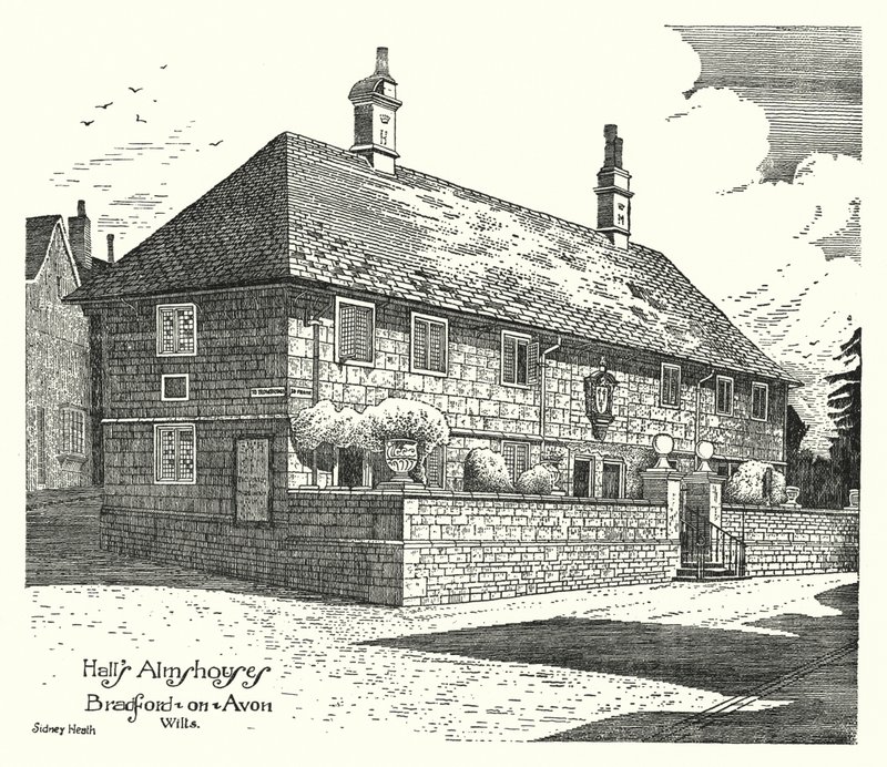 Ospizi di Hall, Bradford-on-Avon, Wilts (incisione) da Sidney Heath