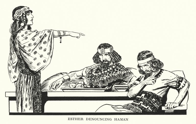 Ester che denuncia Haman (litografia) da Thomas Heath Robinson