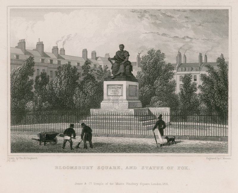 Bloomsbury Square, e statua di Fox da Thomas Hosmer Shepherd