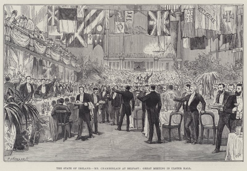La situazione in Irlanda, Mr Chamberlain a Belfast, grande incontro nella Ulster Hall da Walter Paget