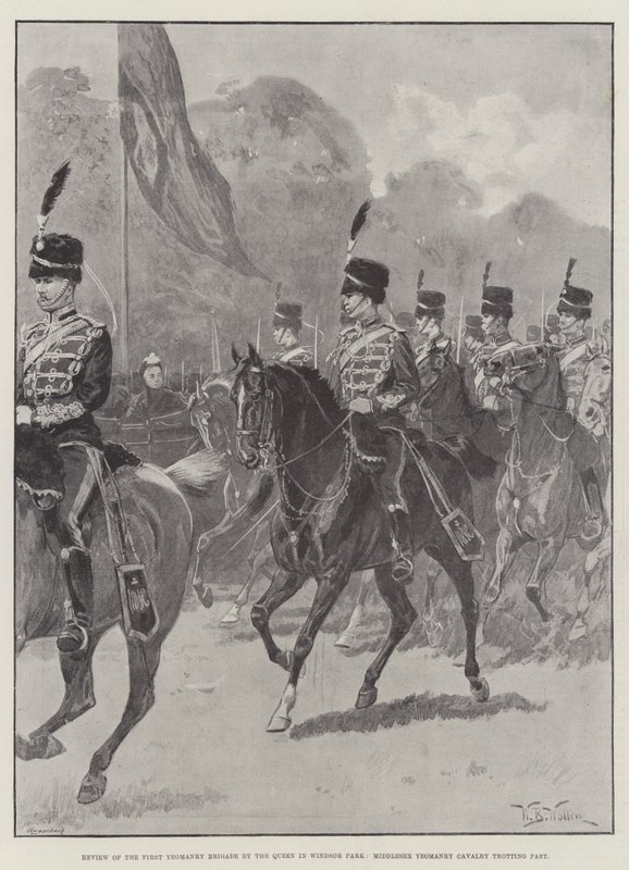Revisione della Prima Brigata di Yeomanry dalla Regina nel Windsor Park, Middlesex Yeomanry Cavalry al trotto da William Barnes Wollen