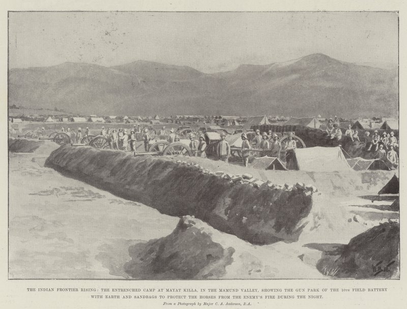 La Rivolta della Frontiera Indiana, il Campo Trincerato a Mayat Killa, nella Valle di Mamund, che mostra il Parco dei Cannoni della 10ª Batteria da Campo con Terra e Sacchi di Sabbia per proteggere i Cavalli dal Fuoco del Nemico da William Barnes Wollen