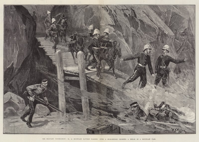 Il torneo militare, No 10 Mountain Battery che attraversa un ponte di legno su una rottura in un passo di montagna da William Barnes Wollen