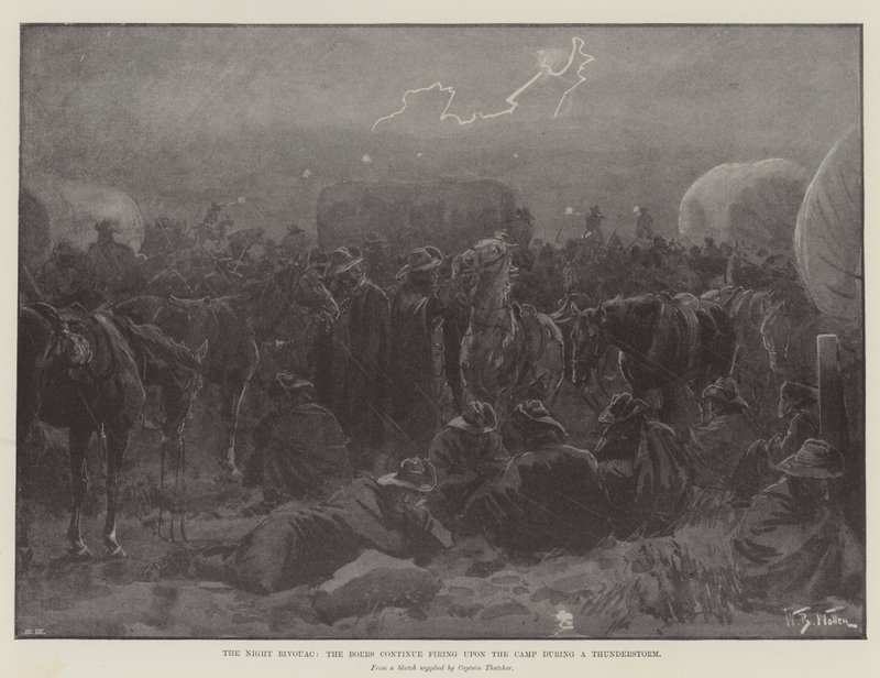Il bivacco notturno, i Boeri continuano a sparare sul campo durante un temporale da William Barnes Wollen