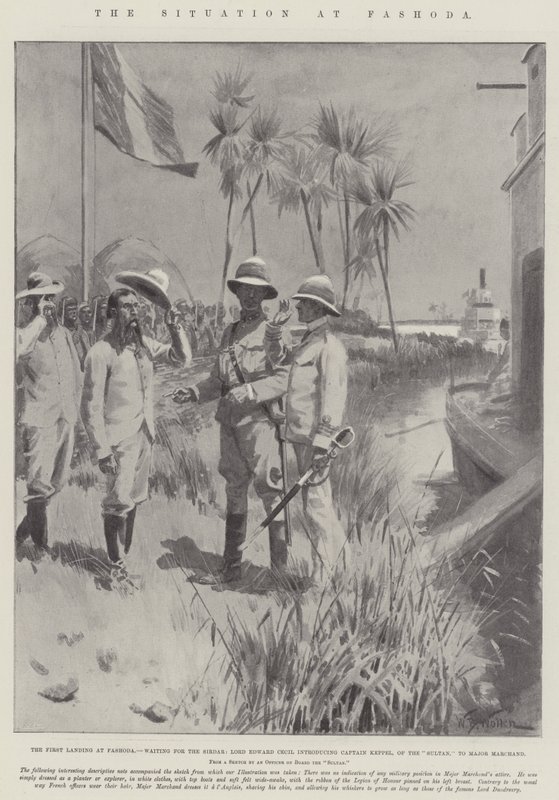 La situazione a Fashoda, il primo sbarco a Fashoda, in attesa del Sirdar, Lord Edward Cecil introduce il capitano Keppel, del Sultan, al maggiore Marchand da William Barnes Wollen