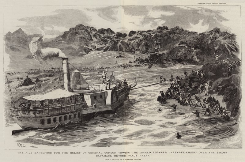 La spedizione sul Nilo per il soccorso del Generale Gordon, trainando il vapore armato Nasaf el Khair oltre la Seconda Cataratta, oltre Wady Halfa da William Lionel Wyllie