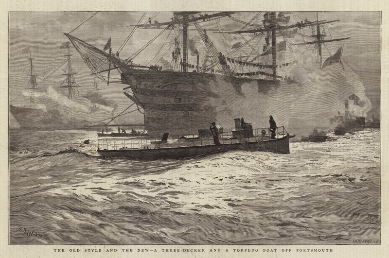 Il vecchio stile e il nuovo, un tre ponti e una torpediniera al largo di Portsmouth da William Lionel Wyllie
