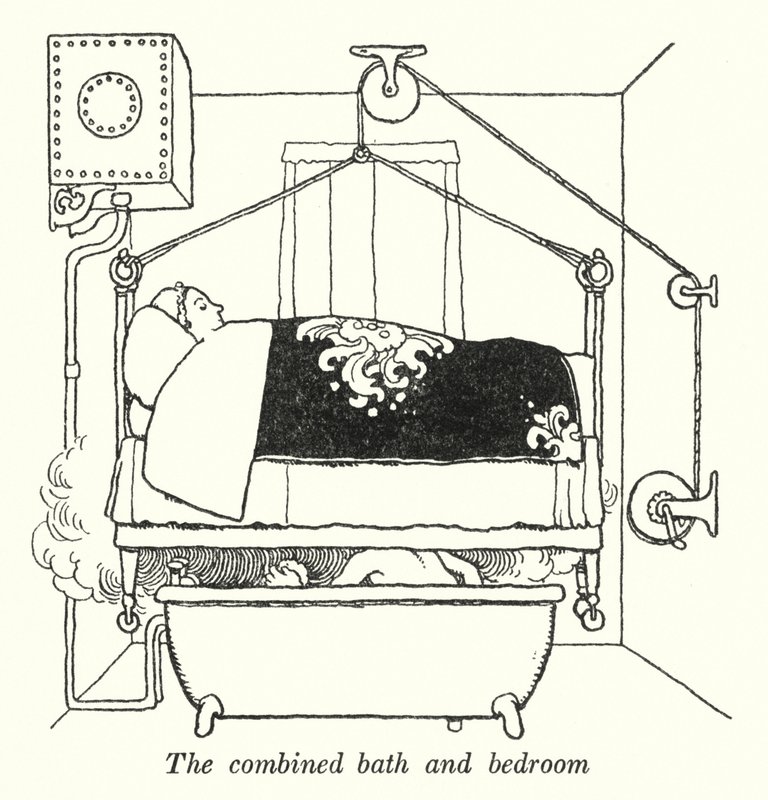 Il bagno e la camera da letto combinati da William Heath Robinson
